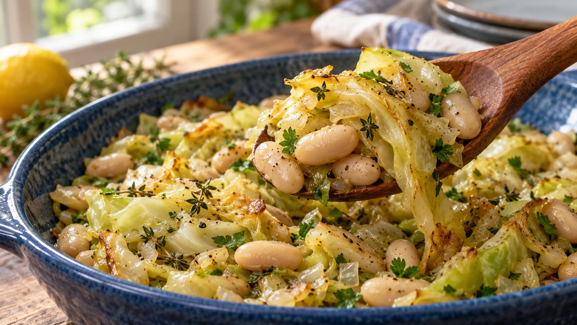 A wooden spoon lifting white beans and tender cabbage from a blue serving dish.