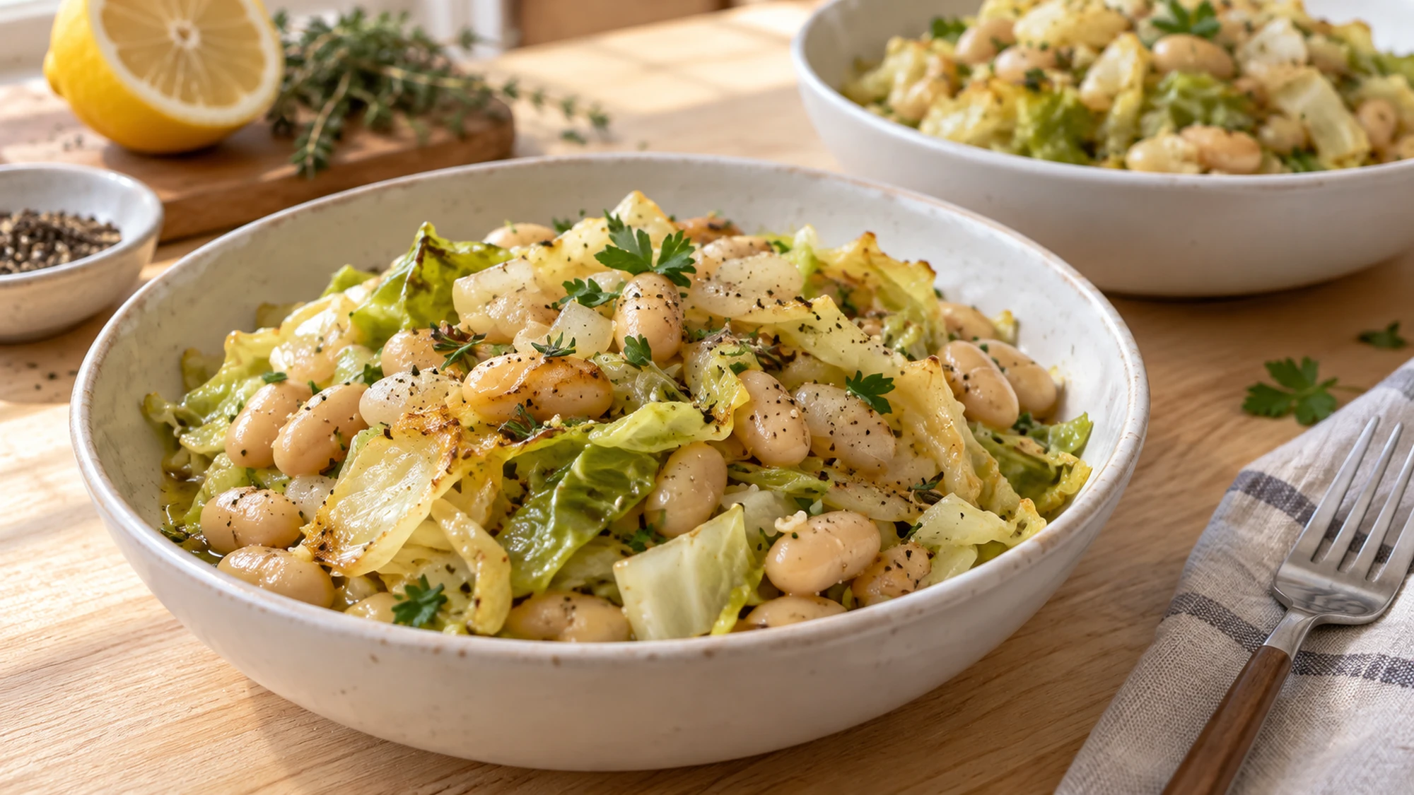Two lunch bowls of cabbage and white beans with lemon and herbs nearby.