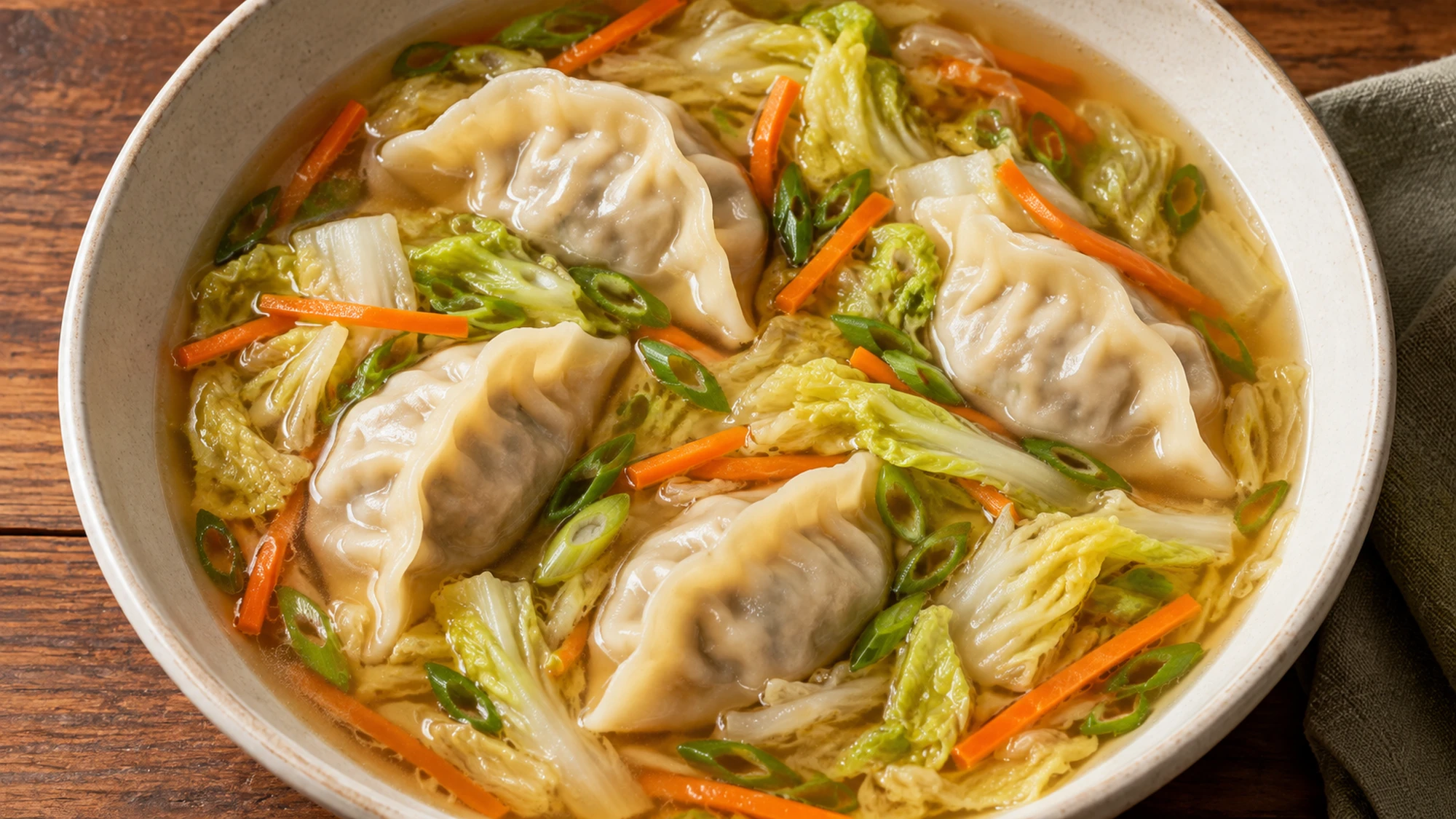 Overhead view of tender dumplings and napa cabbage in ginger chicken broth.