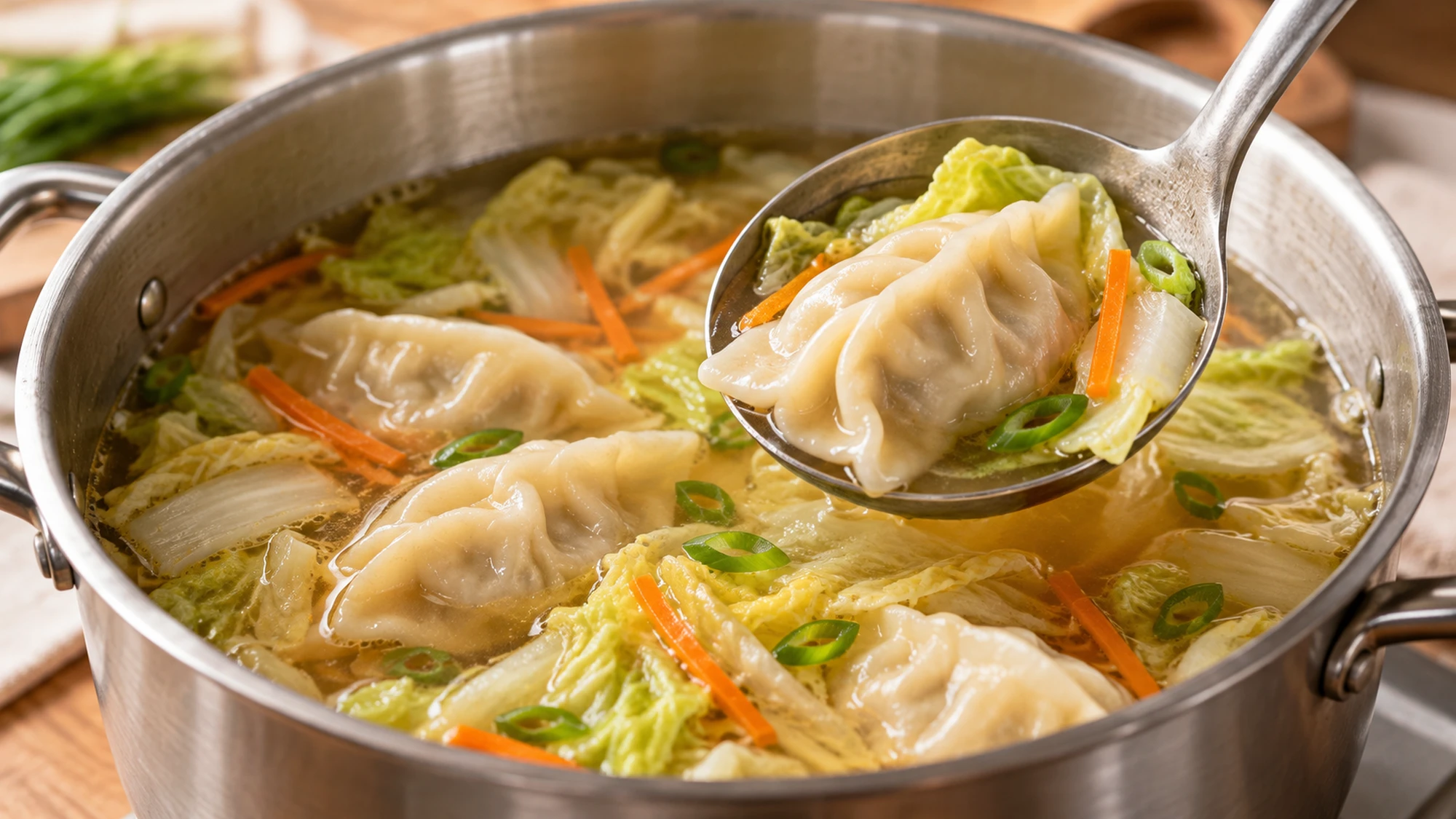 A ladle lifts a dumpling and cabbage from a pot of carrot and ginger soup.