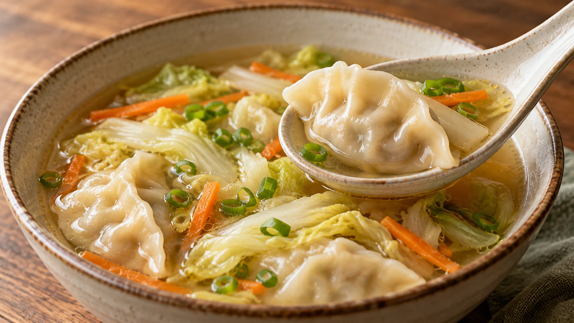 A ceramic spoon holds a dumpling above a bowl of cabbage dumpling soup.