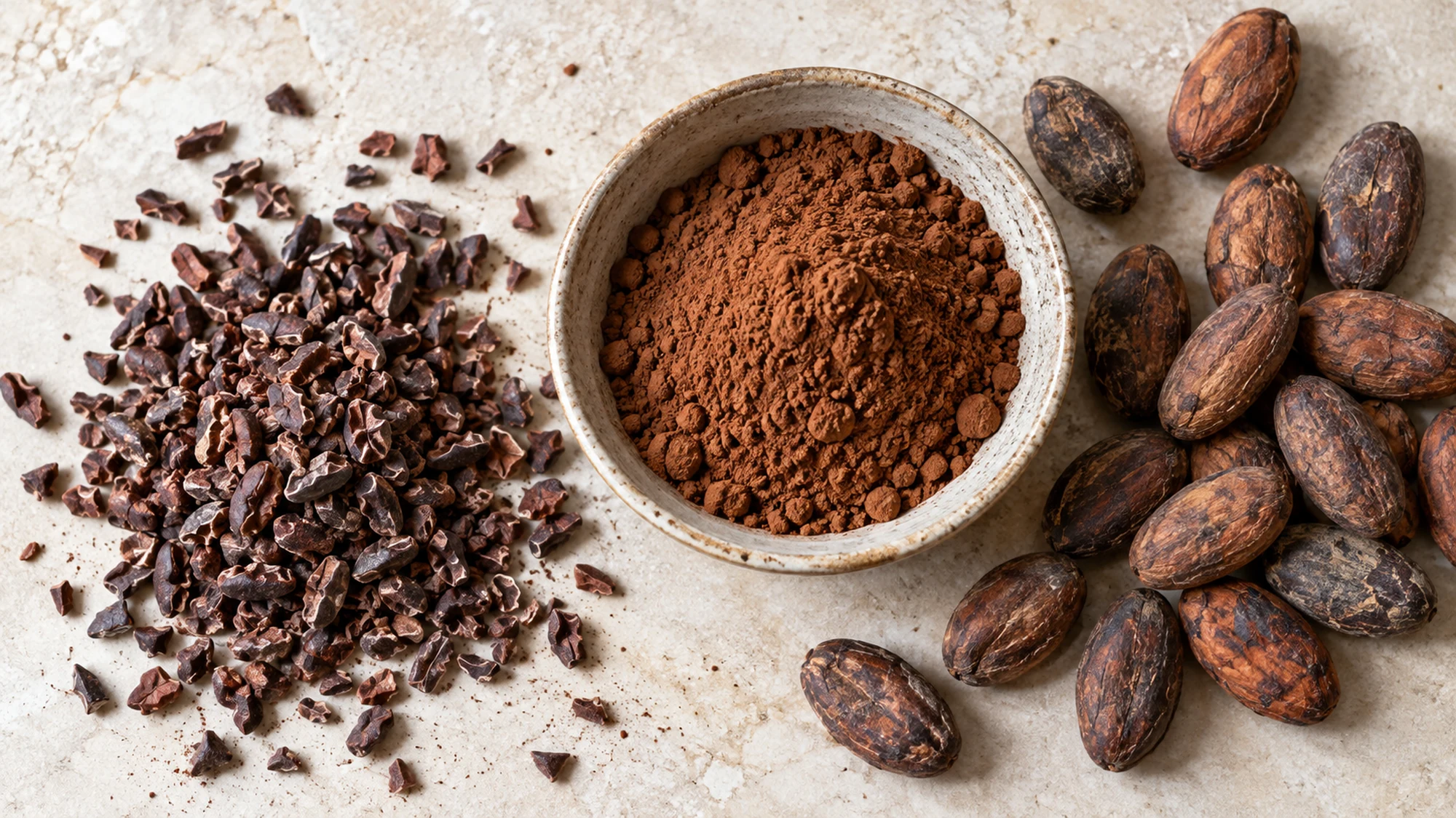 Cacao nibs, brown cacao beans and a bowl of fine cocoa powder on pale stone.