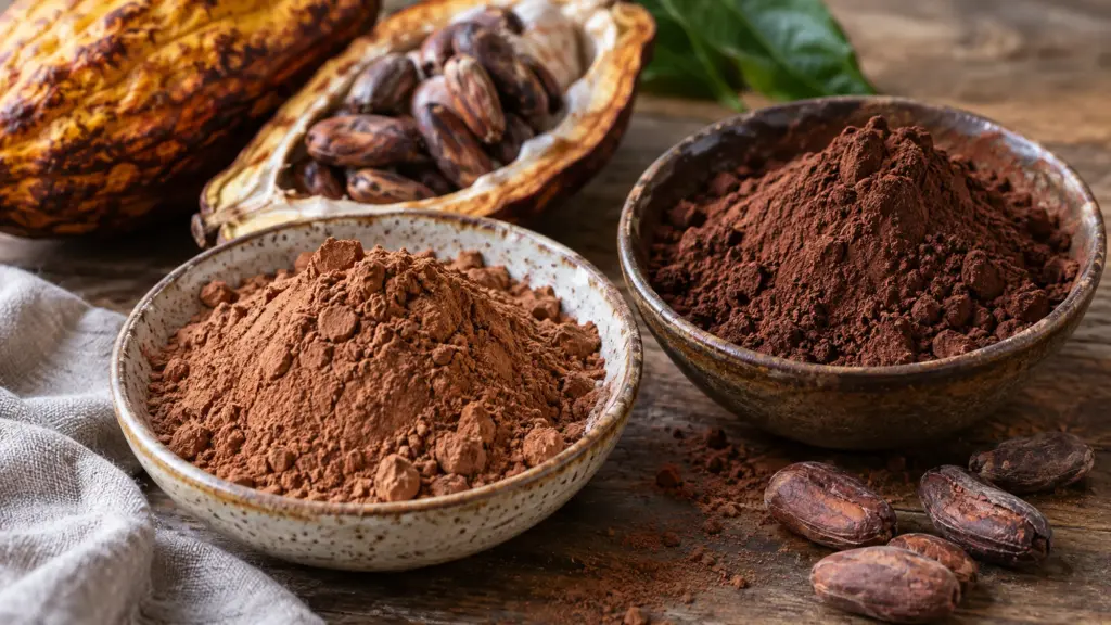 Two bowls of lighter and darker cocoa powder beside cacao beans and a pod.