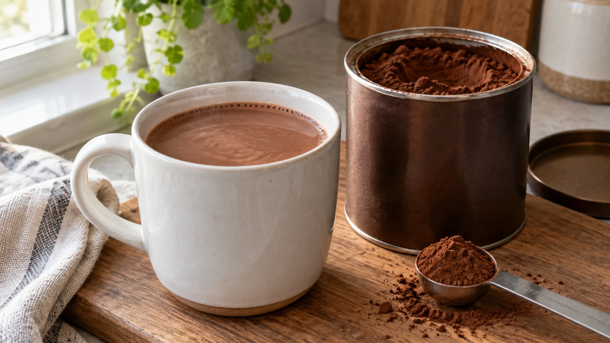 A white mug of hot chocolate beside an open cocoa tin and measuring spoon.