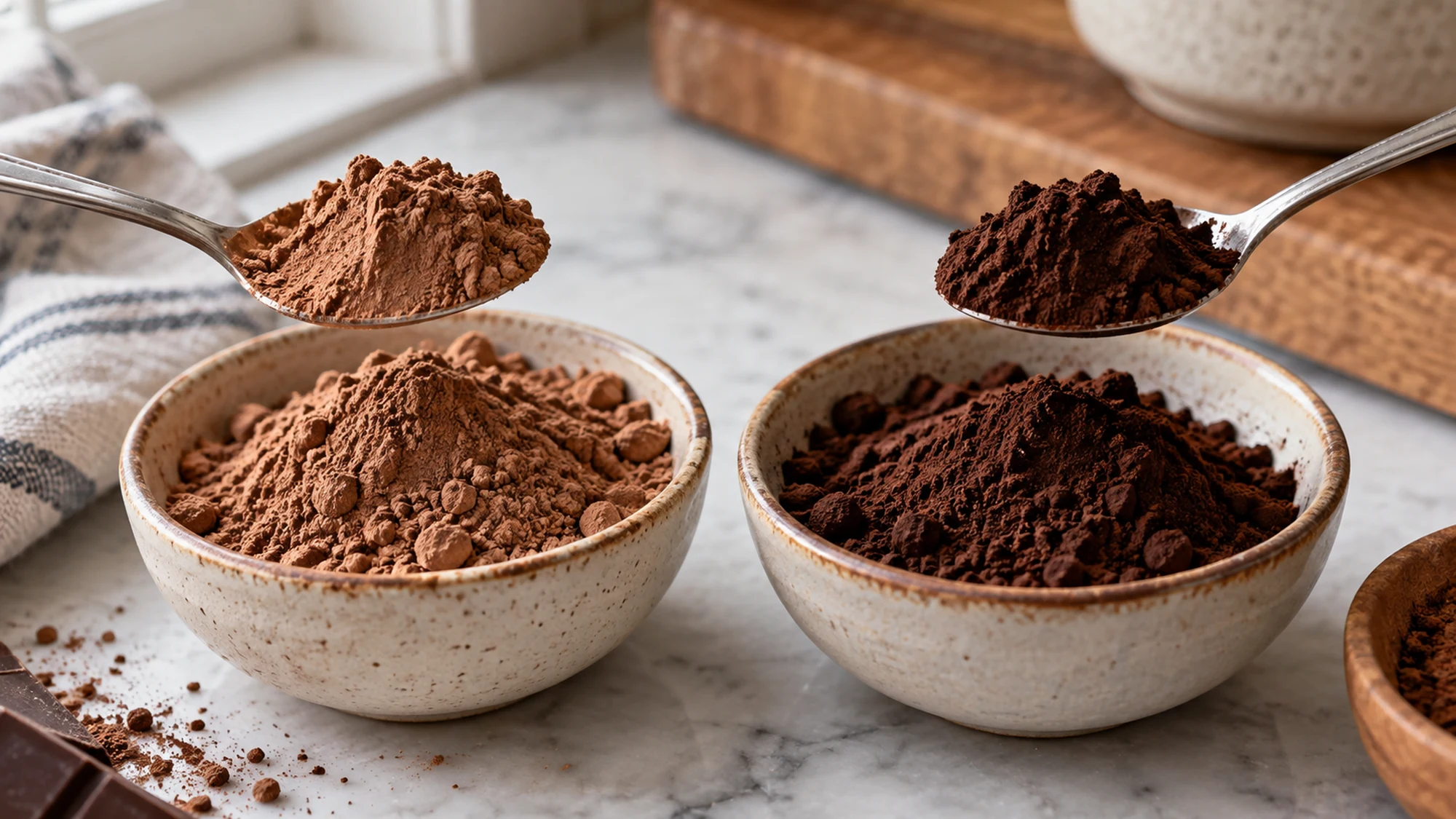 Spoons of lighter natural cocoa and darker Dutch-process cocoa over ceramic bowls.