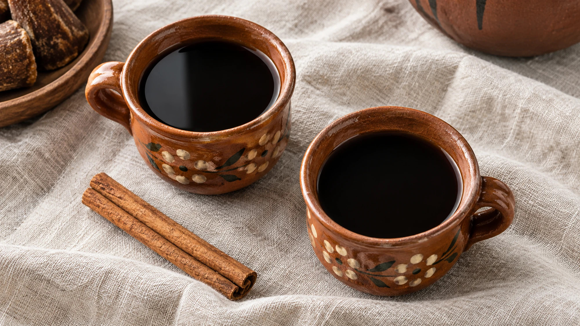 Two cups of dark café de olla viewed from above.
