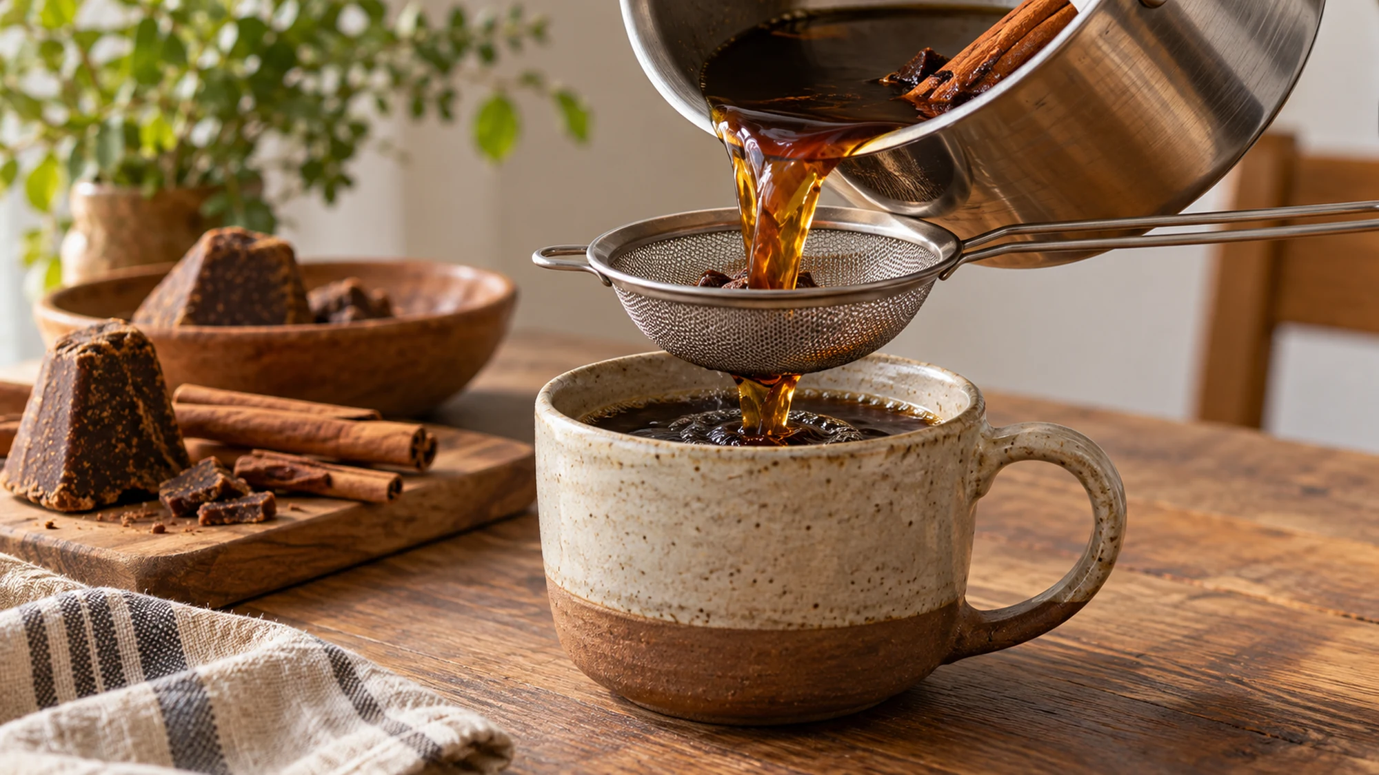 Café de olla pouring through a fine-mesh strainer into a mug.
