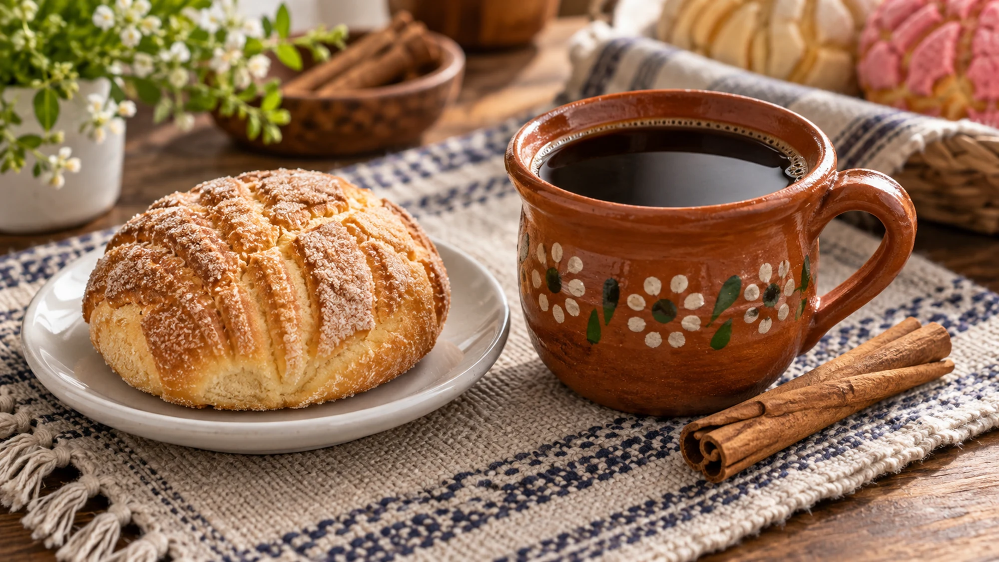 Café de olla served beside a sweet roll.
