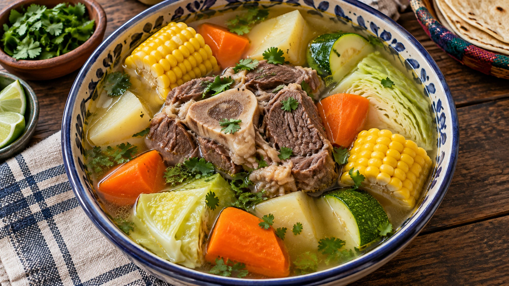 Overhead bowl of Mexican beef shank soup with chunky vegetables and clear golden broth.