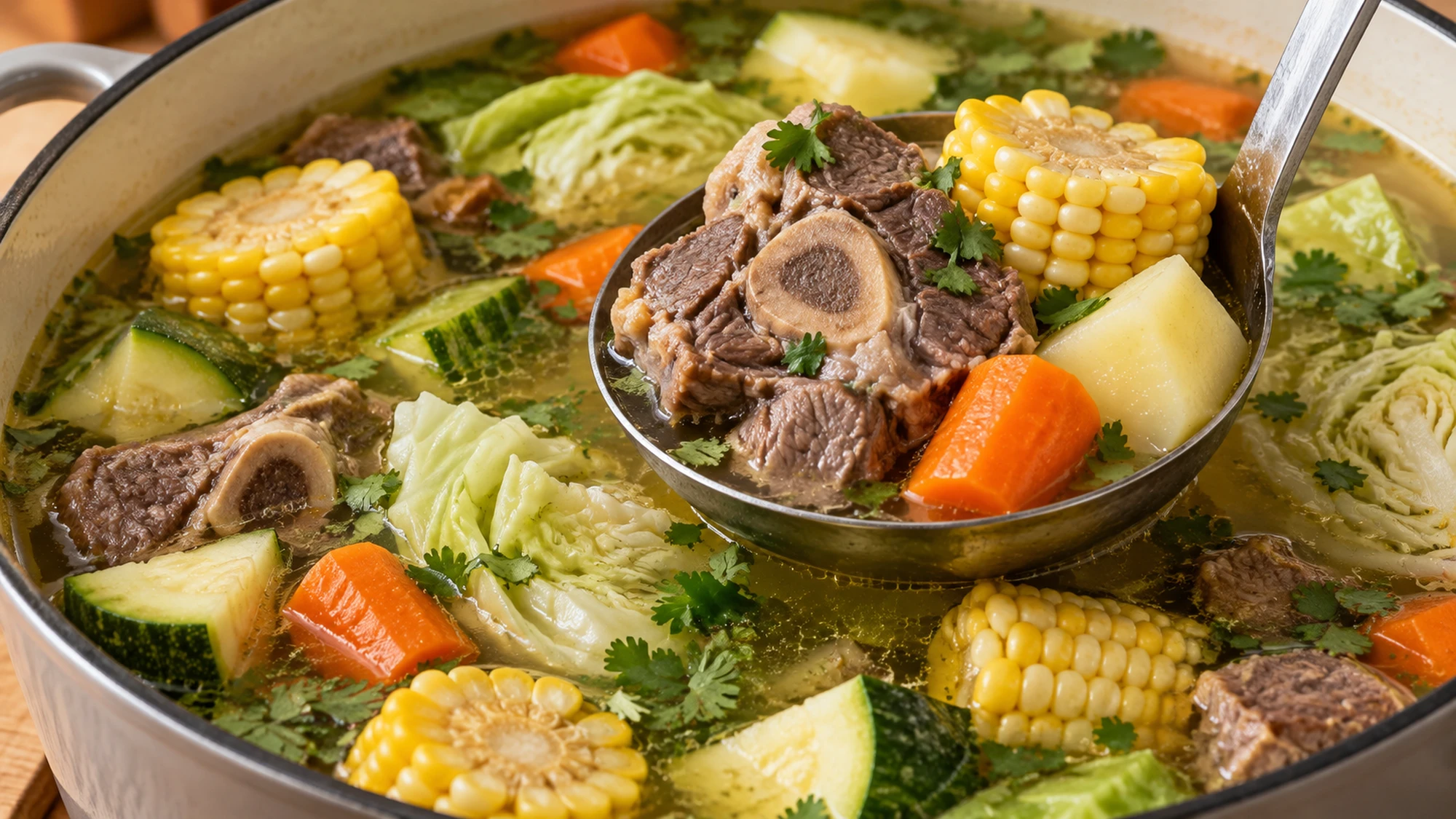 A ladle lifts beef shank, carrot and potato from a pot of caldo de res.