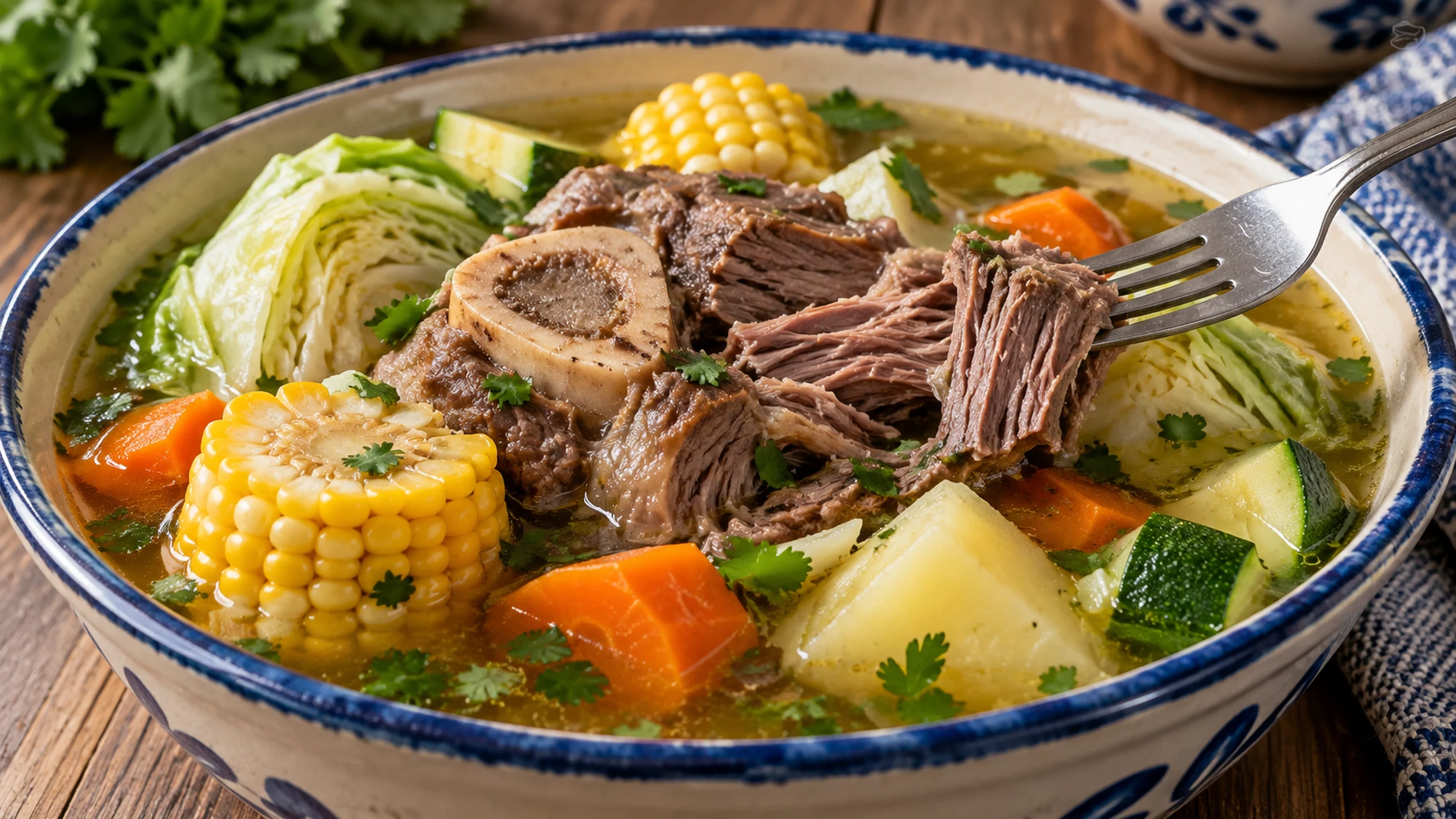 Fork pulling tender beef beside corn, cabbage and zucchini in Mexican beef soup.