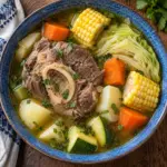 Square overhead view of caldo de res with bone-in beef shank and vegetables in a blue bowl.