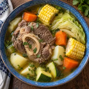 Square overhead view of caldo de res with bone-in beef shank and vegetables in a blue bowl.