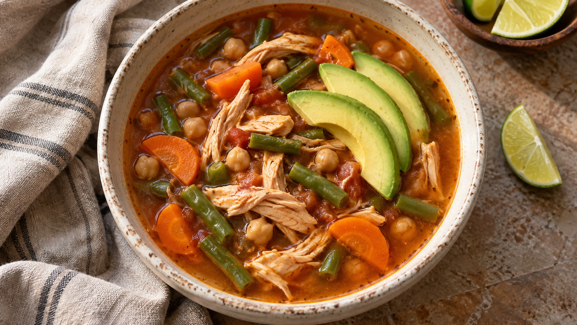 Overhead bowl of caldo tlalpeño with avocado slices and a lime wedge.