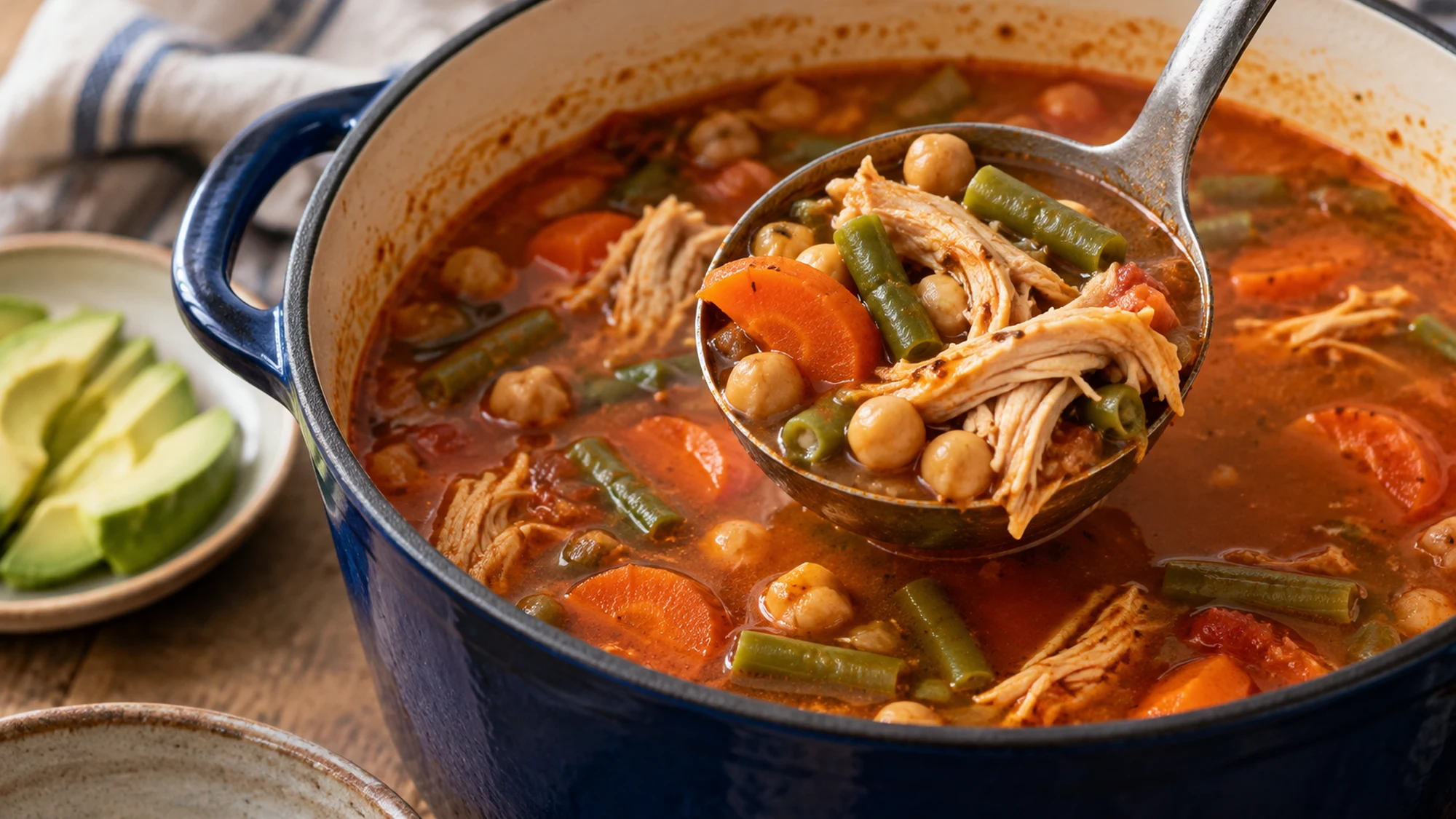 A ladle lifts chicken, chickpeas, carrots and green beans from a pot of caldo tlalpeño.