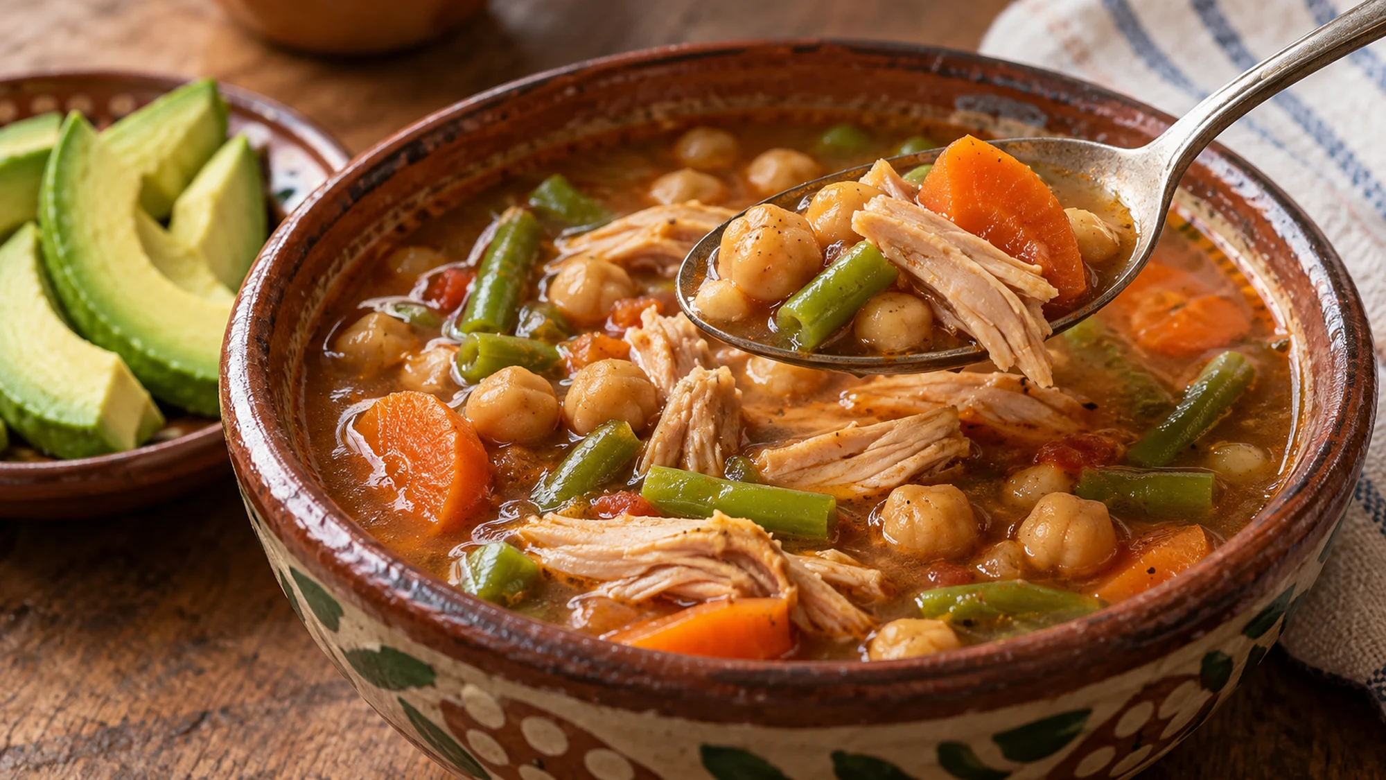 A spoonful of chicken and chickpeas above a bowl of smoky tomato broth.