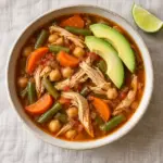Square overhead view of caldo tlalpeño topped with avocado slices.
