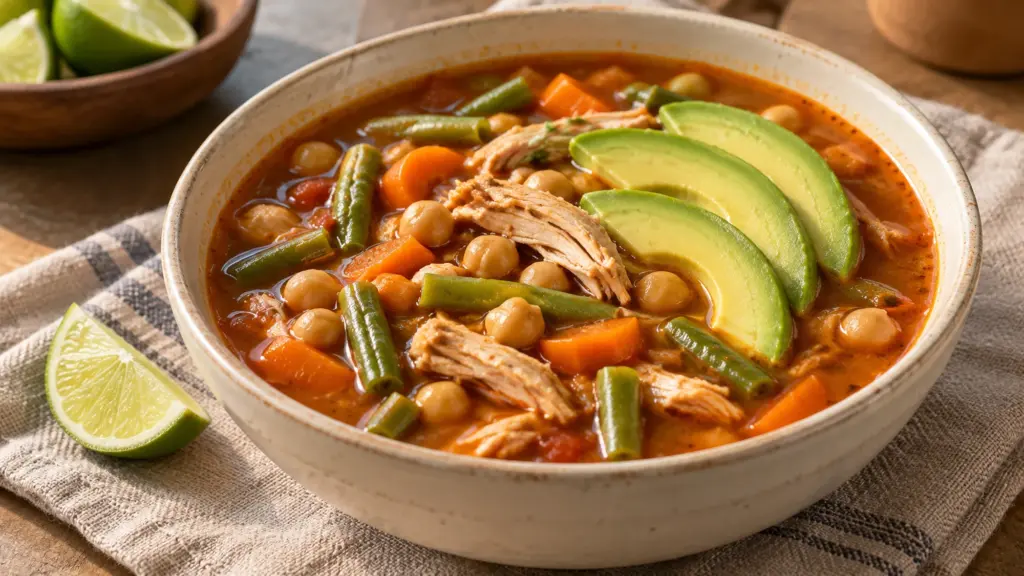 Caldo tlalpeño with shredded chicken, chickpeas, carrots, green beans and avocado in tomato-chipotle broth.