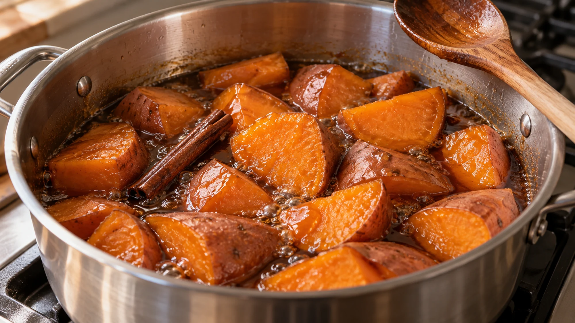 Sweet potato chunks simmering gently in piloncillo syrup in a wide pot.