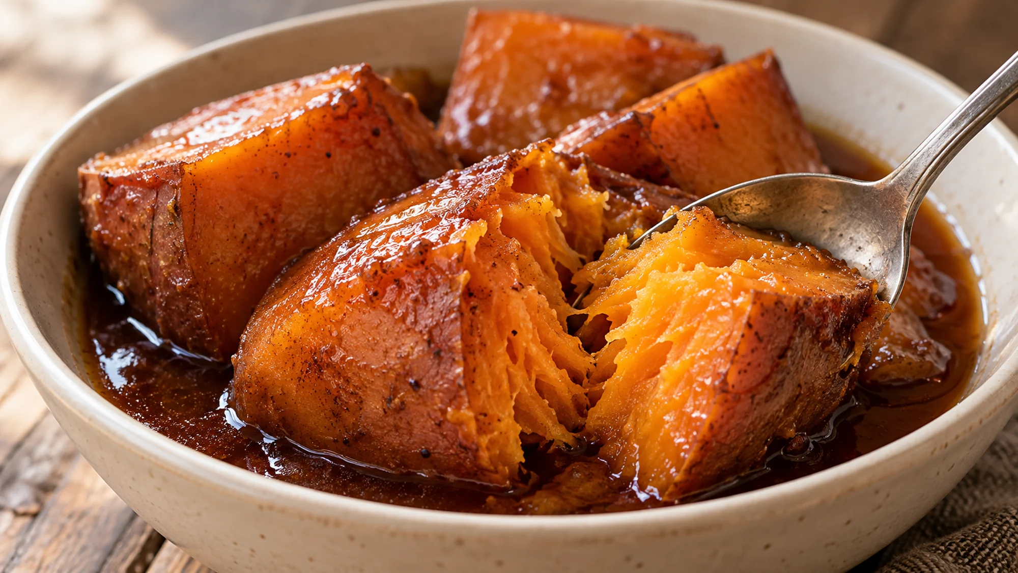 A spoon reveals the soft orange center of a syrup-coated sweet potato piece.