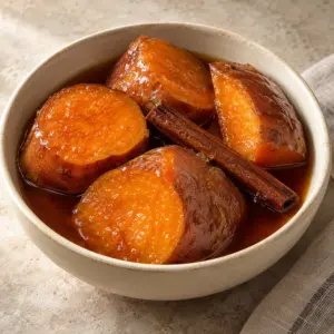 Camotes en dulce served in a round bowl with cinnamon and piloncillo syrup.