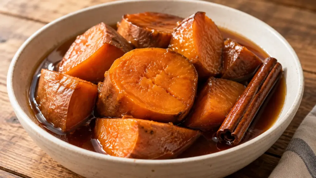 Tender skin-on sweet potato pieces in cinnamon piloncillo syrup in a cream bowl.
