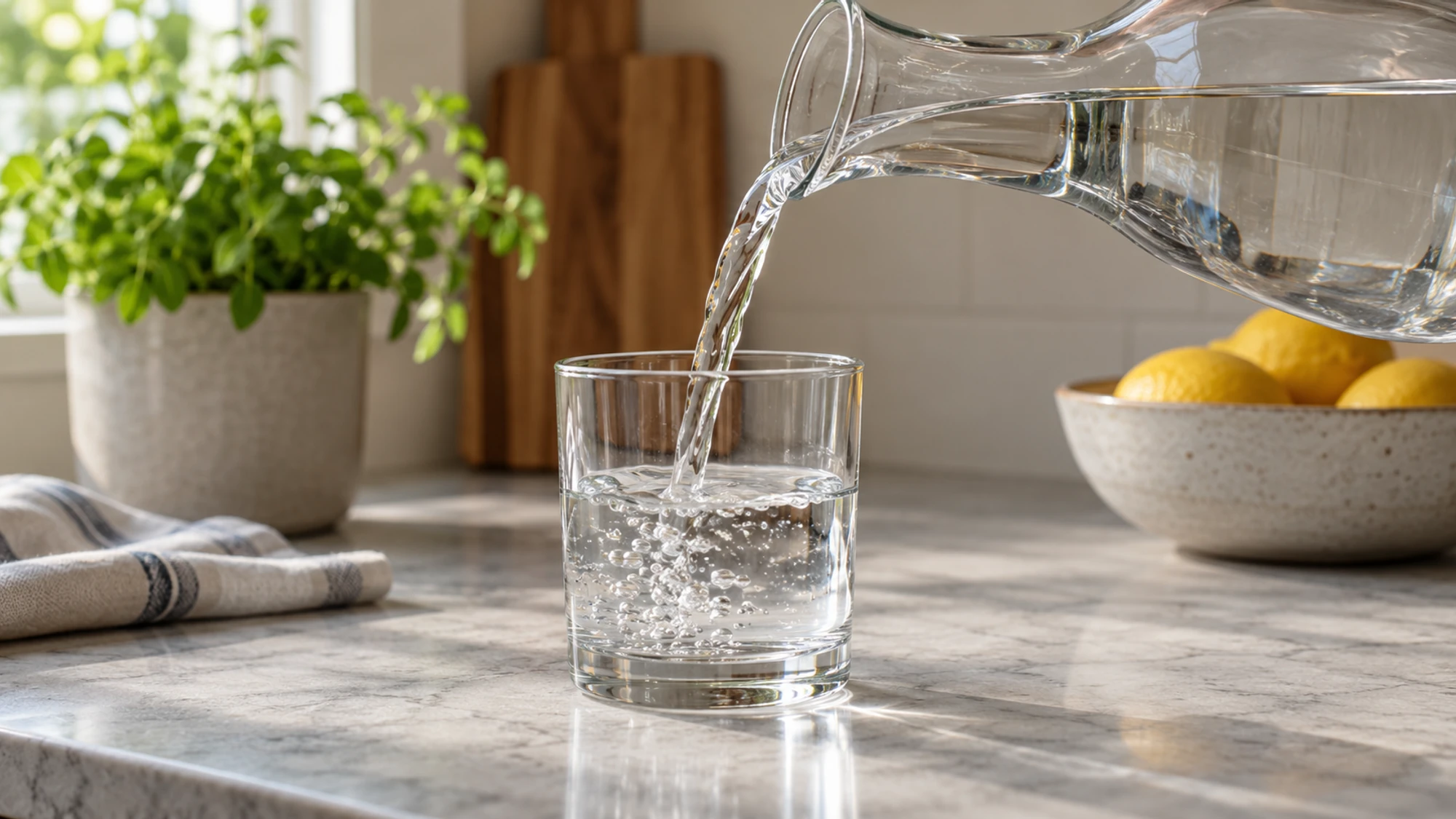 Clear water pouring from a glass carafe into a clean tumbler.