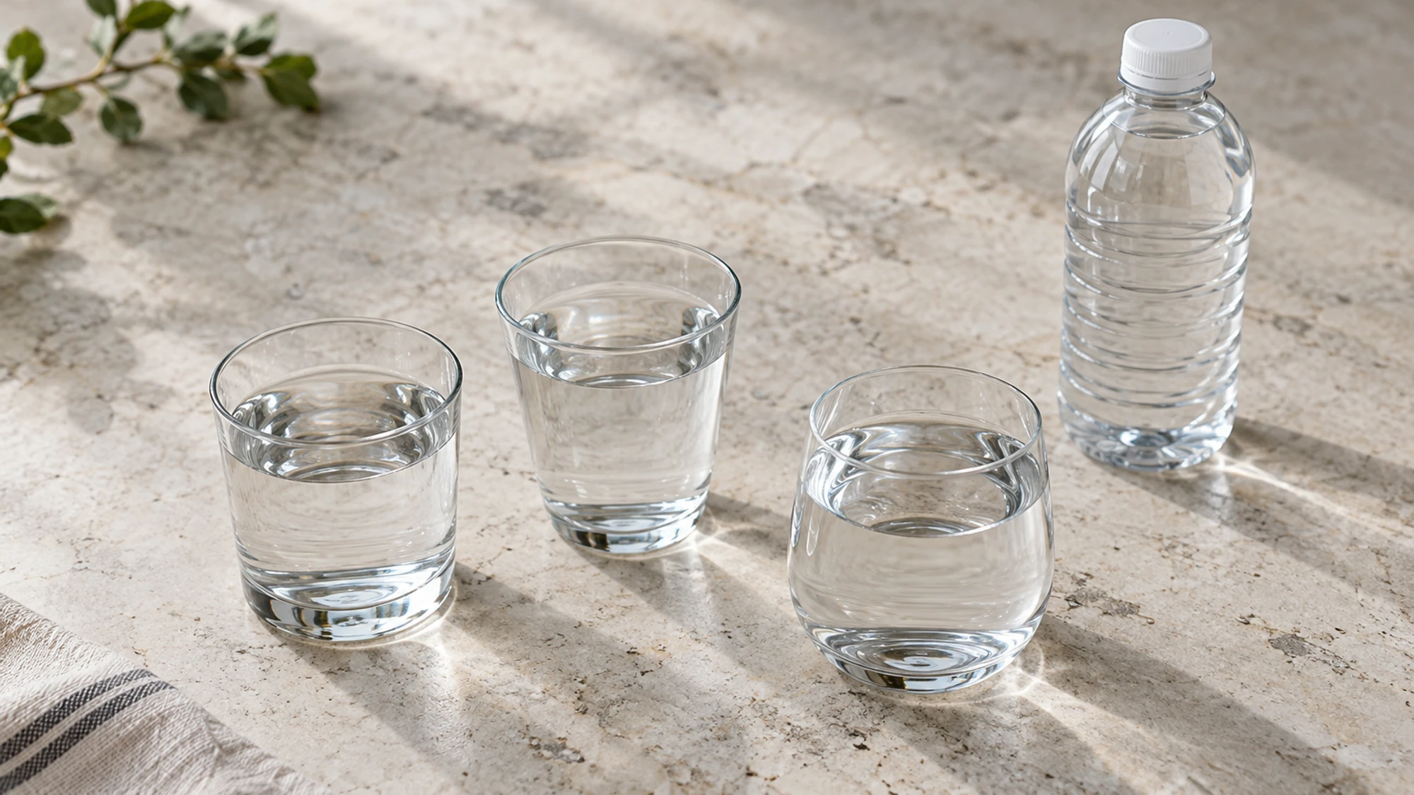 Three glasses of visually identical clear water on a stone surface.