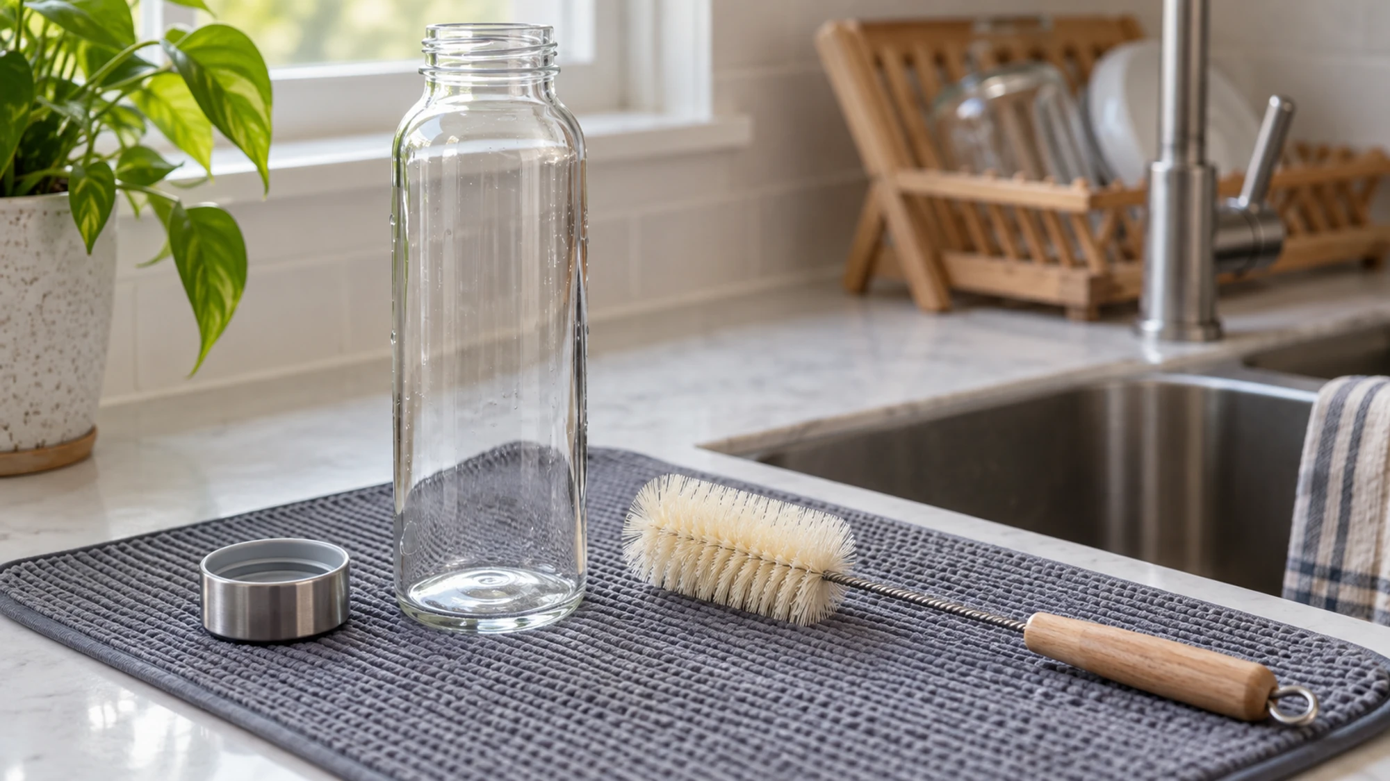 Clean reusable glass bottle, cap and bottle brush on a drying mat.