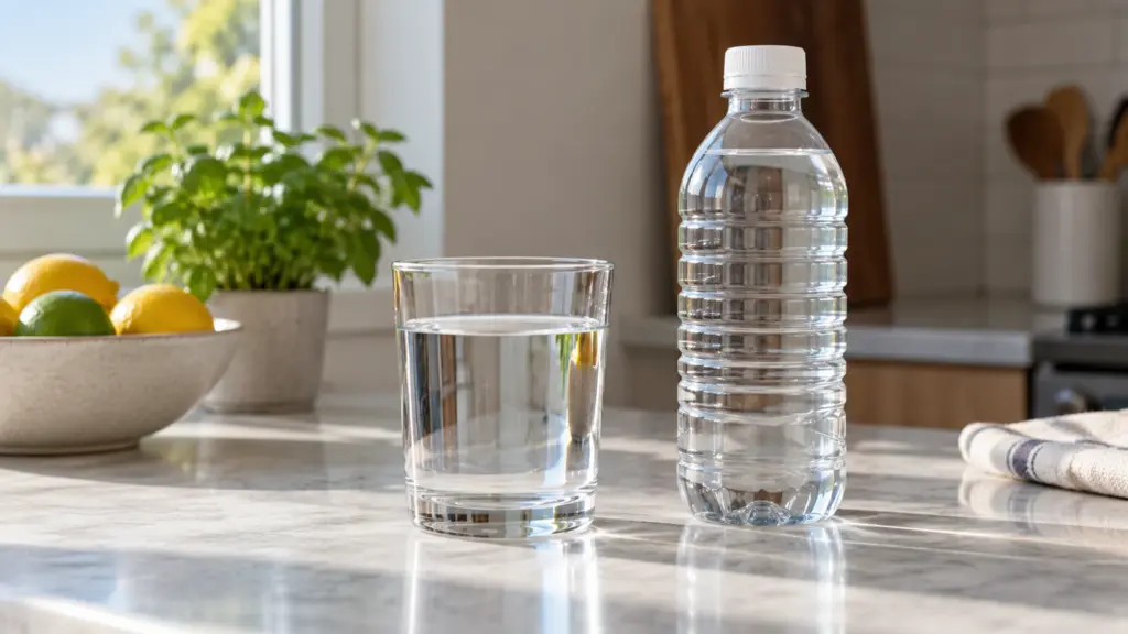 Glass of clear still water beside a capped plain drinking-water bottle.