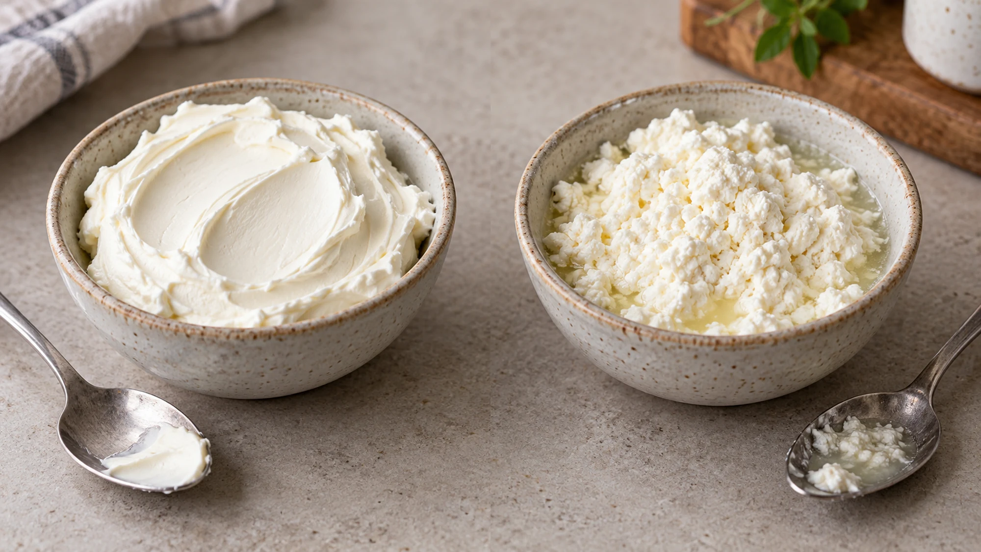 Smooth fresh cream cheese beside grainier thawed cream cheese with separated moisture