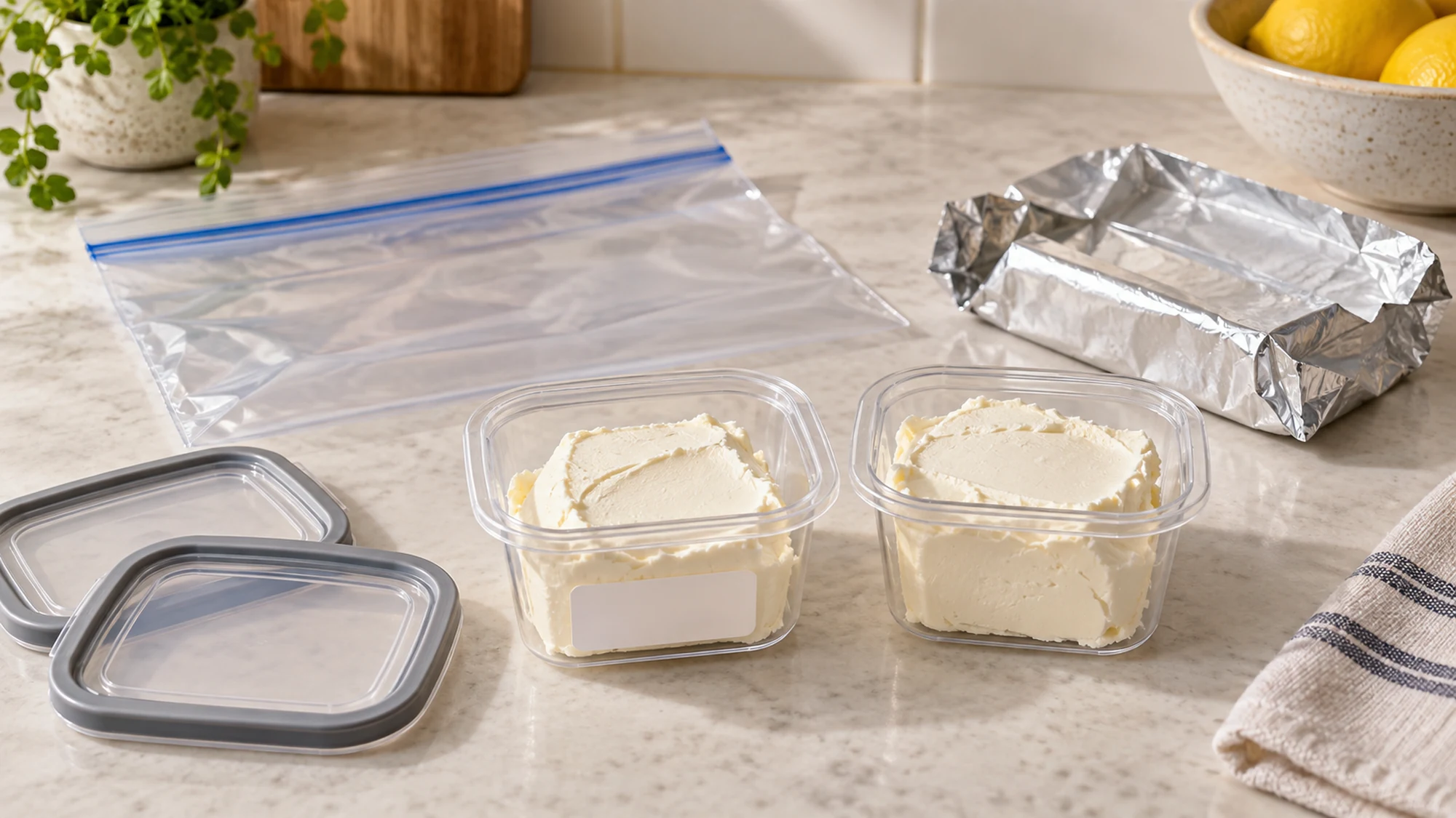 Cream cheese divided into small freezer-safe containers beside foil and freezer packaging