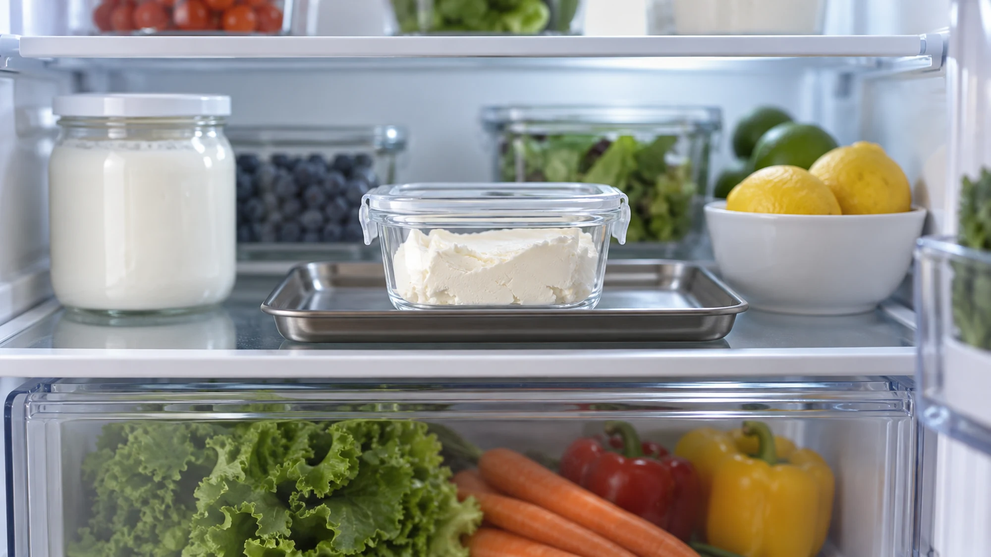 Covered cream cheese container on a tray inside the refrigerator
