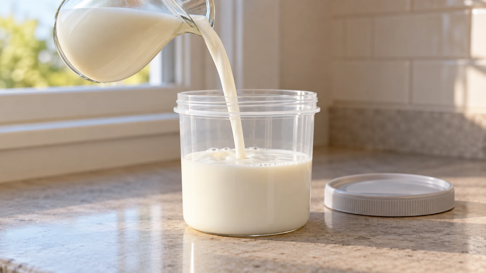 Milk being poured into a freezer-safe container with room left at the top