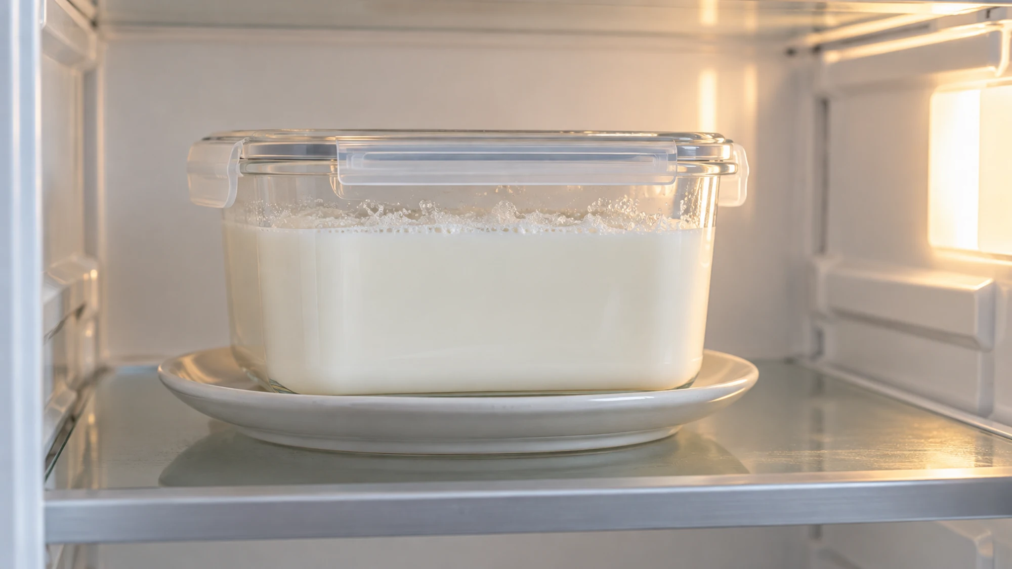 Covered container of milk thawing on a tray inside a refrigerator