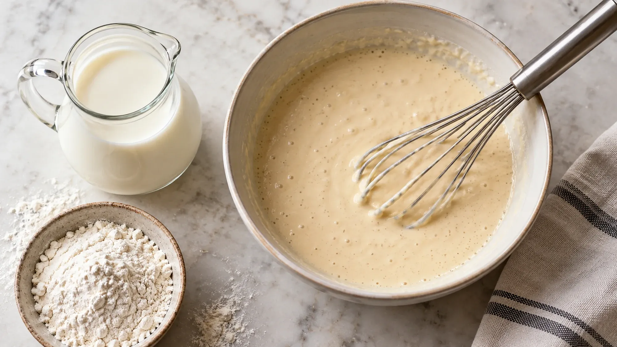 Milk jug beside a bowl of pale batter and a whisk