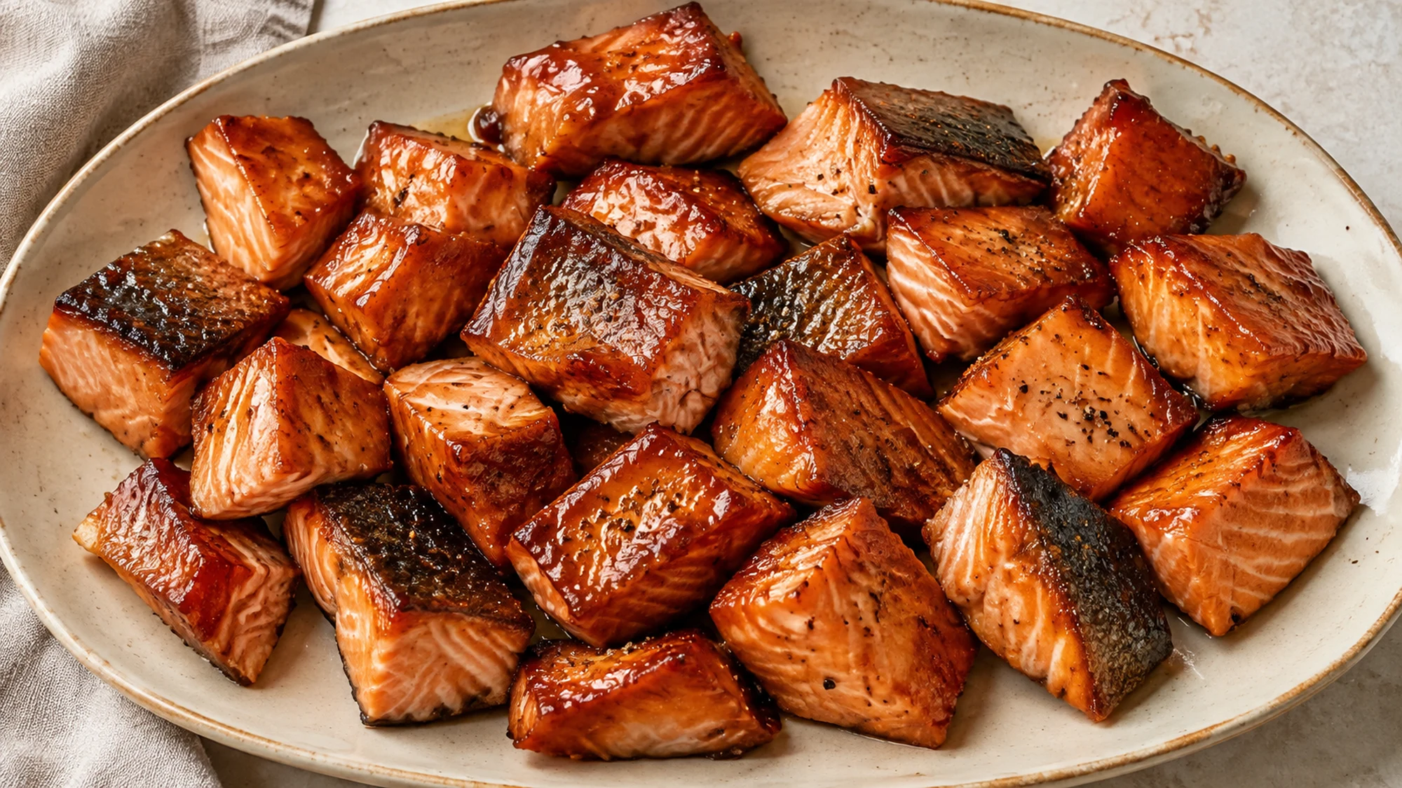 Overhead platter of smoked candied salmon cubes with maple glaze