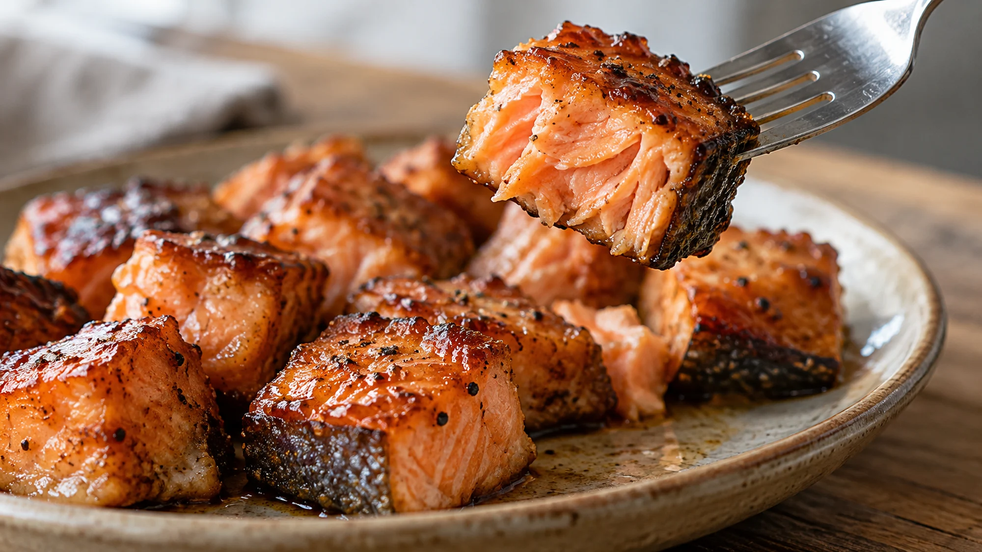 Fork lifting a candied salmon bite with a moist flaky center