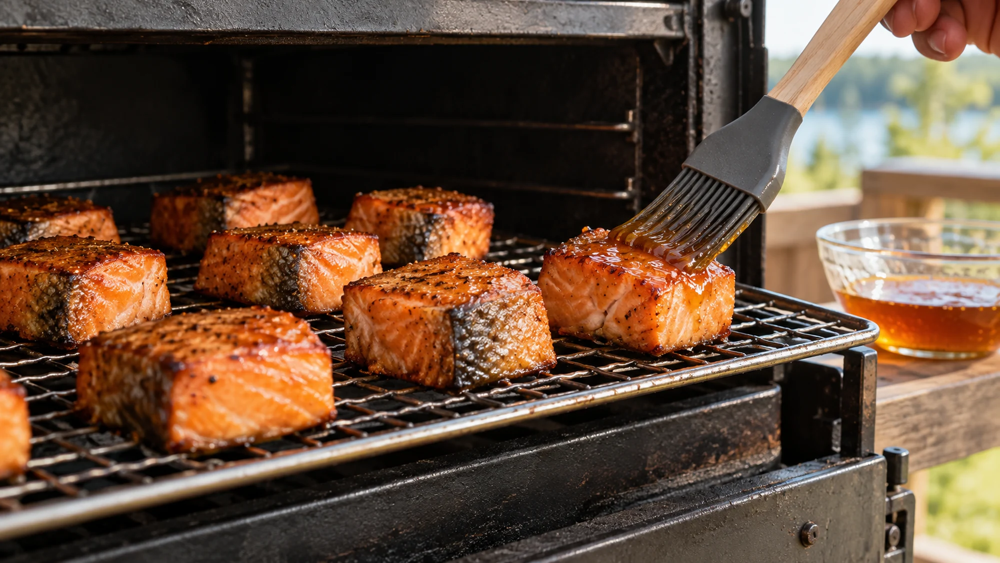 A thin maple glaze brushed over salmon cubes on a smoker rack