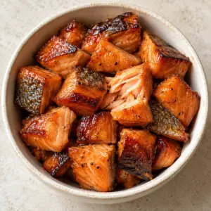 Square bowl of hot-smoked maple candied salmon bites