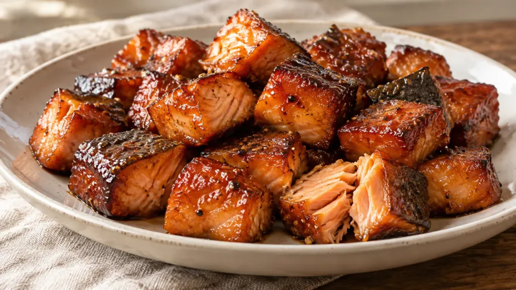 Maple-glazed candied salmon bites with one piece opened to show tender flakes