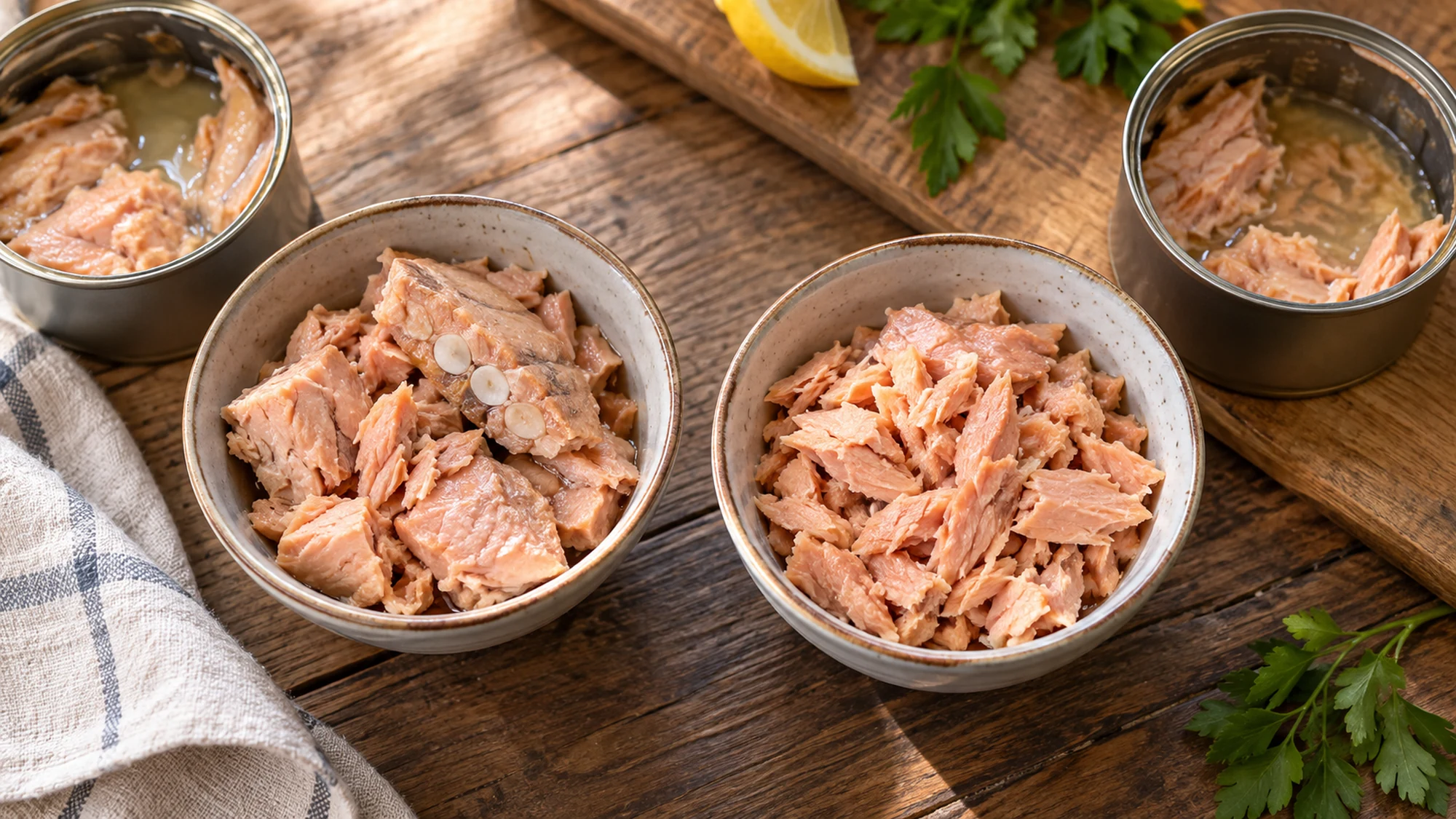 Two bowls comparing canned salmon with pale bones and boneless flakes