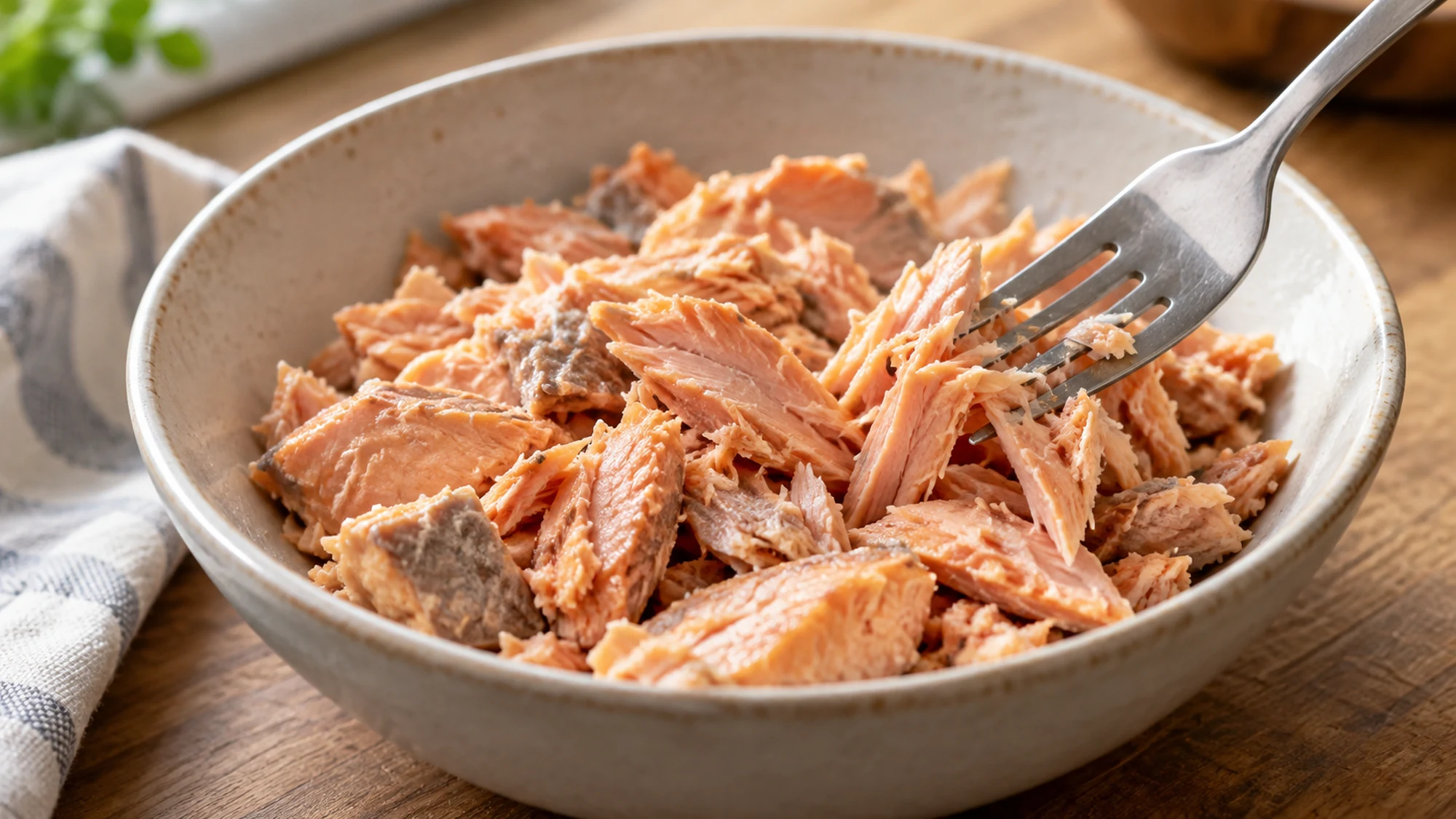 Fork gently separating moist cooked canned salmon in a bowl