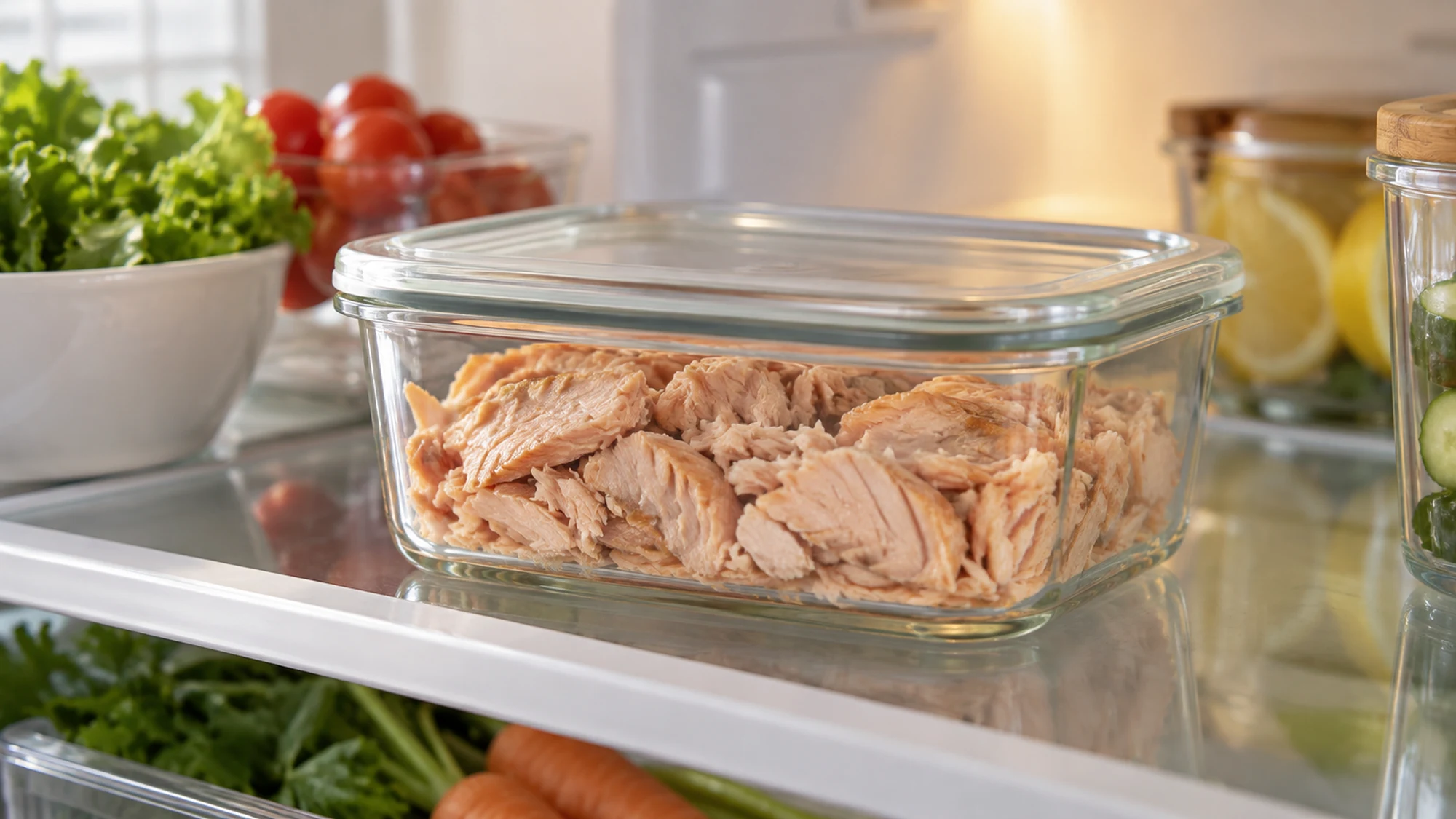 Cooked canned salmon in a covered glass refrigerator container