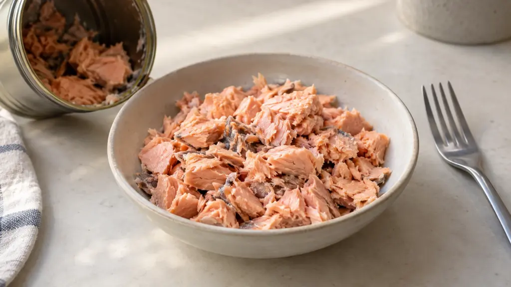 Opened plain can beside a bowl of cooked canned salmon flakes