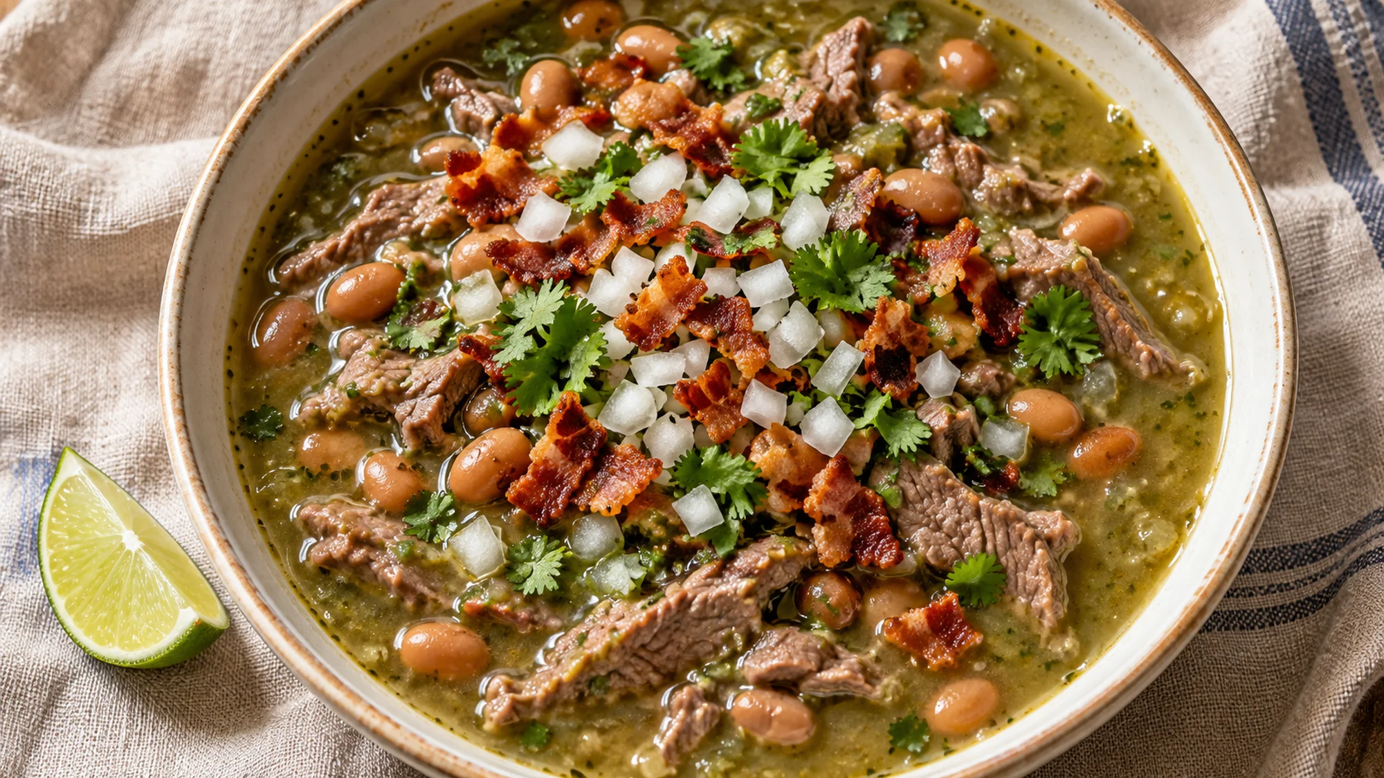 Overhead bowl of carne en su jugo with warm pinto beans and a lime wedge alongside.
