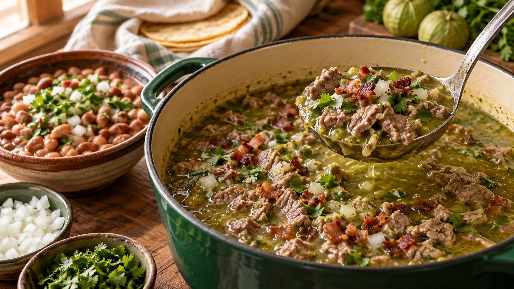 A ladle lifts thin beef from tomatillo broth beside a bowl of cooked pinto beans.