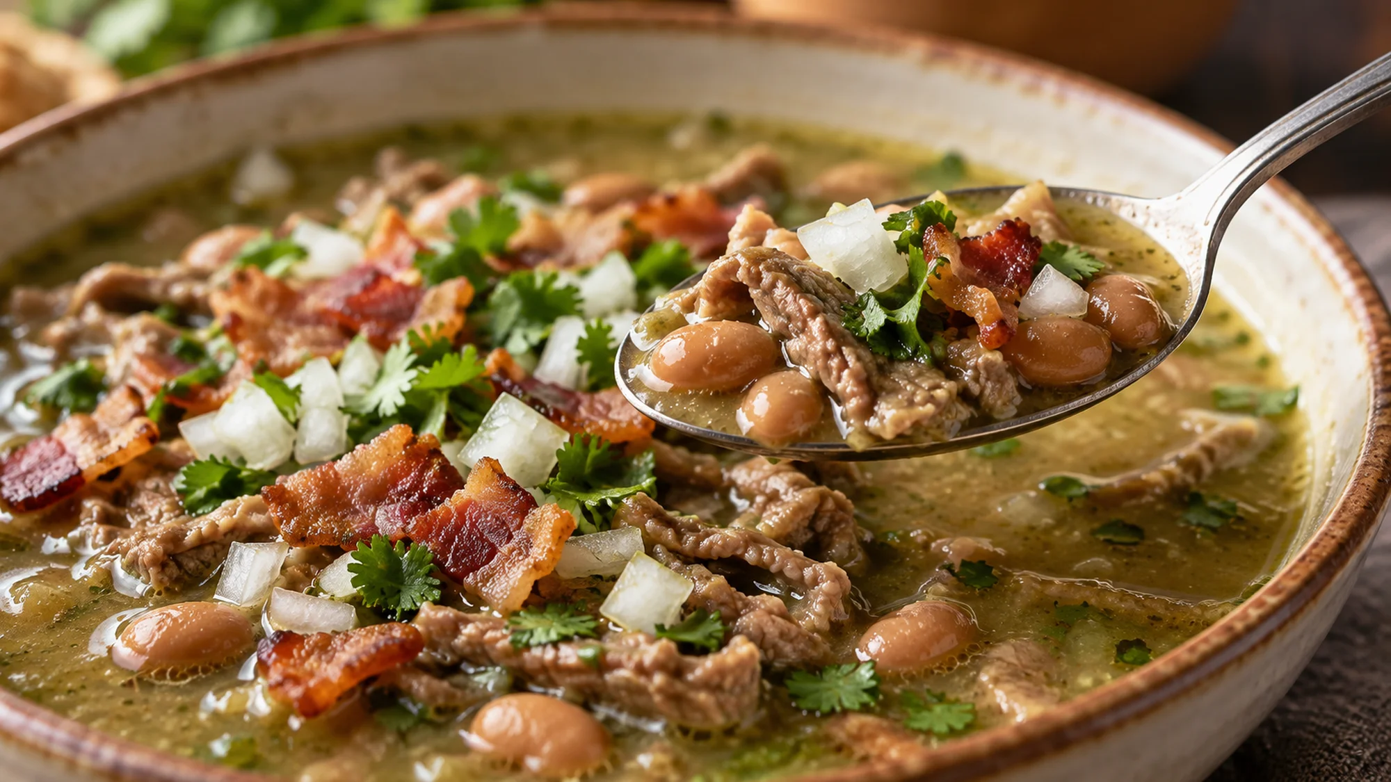 A spoon lifts pinto beans and small beef pieces above a bowl of carne en su jugo.