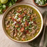 Square view of carne en su jugo topped with chopped white onion, cilantro and crisp bacon.