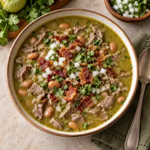 Square view of carne en su jugo topped with chopped white onion, cilantro and crisp bacon.
